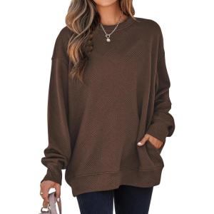 imageSHEWIN Womens Fall Fashion 2025 Long Sleeve Shirts Crewneck Loose Textured Tunic Tops Solid Pullover Sweatshirt With PocketsCoffee