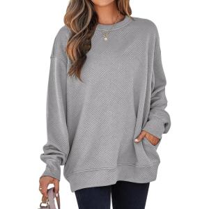 imageSHEWIN Womens Fall Fashion 2025 Long Sleeve Shirts Crewneck Loose Textured Tunic Tops Solid Pullover Sweatshirt With PocketsGray