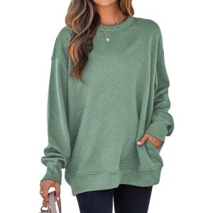 imageSHEWIN Womens Fall Fashion 2025 Long Sleeve Shirts Crewneck Loose Textured Tunic Tops Solid Pullover Sweatshirt With PocketsGreen Bay