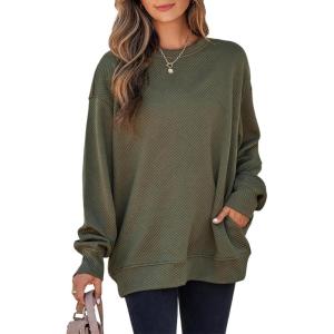 imageSHEWIN Womens Fall Fashion 2025 Long Sleeve Shirts Crewneck Loose Textured Tunic Tops Solid Pullover Sweatshirt With PocketsJungle Green