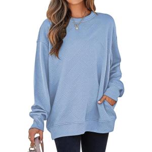 imageSHEWIN Womens Fall Fashion 2025 Long Sleeve Shirts Crewneck Loose Textured Tunic Tops Solid Pullover Sweatshirt With PocketsMyosotis