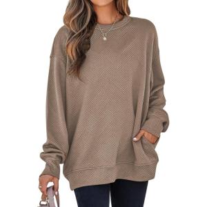 imageSHEWIN Womens Fall Fashion 2025 Long Sleeve Shirts Crewneck Loose Textured Tunic Tops Solid Pullover Sweatshirt With PocketsParchment