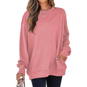 imageSHEWIN Womens Fall Fashion 2025 Long Sleeve Shirts Crewneck Loose Textured Tunic Tops Solid Pullover Sweatshirt With PocketsPeach Blossom