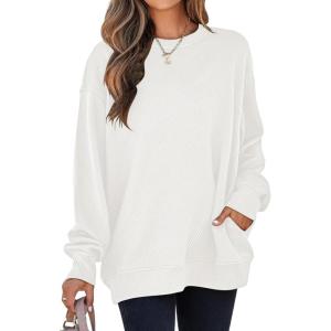 imageSHEWIN Womens Fall Fashion 2025 Long Sleeve Shirts Crewneck Loose Textured Tunic Tops Solid Pullover Sweatshirt With PocketsWhite