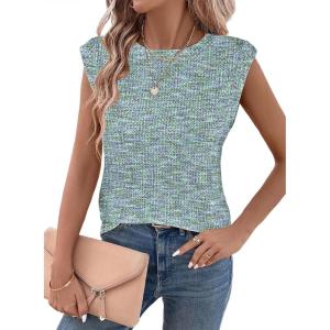 imageSHEWIN Summer Tops for Women Casual Crew Neck Waffle Knit Cap Sleeve Shirts Loose Fit Blouses TopGreen