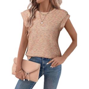 imageSHEWIN Summer Tops for Women Casual Crew Neck Waffle Knit Cap Sleeve Shirts Loose Fit Blouses TopMulticolour