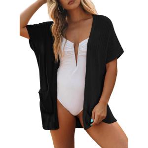 imageSHEWIN Womens Short Sleeve Summer Cardigan Sweaters Lightweight Open Front Pleated Cover Ups Beach Vacation Clothes for WomenA Black