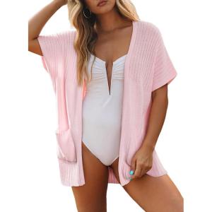 imageSHEWIN Womens Short Sleeve Summer Cardigan Sweaters Lightweight Open Front Pleated Cover Ups Beach Vacation Clothes for WomenA Light Pink