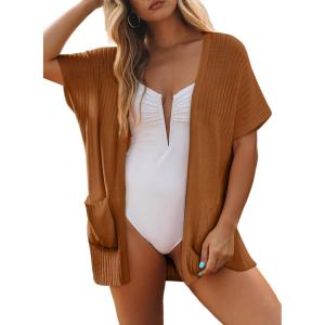 imageSHEWIN Womens Short Sleeve Summer Cardigan Sweaters Lightweight Open Front Pleated Cover Ups Beach Vacation Clothes for WomenB Chestnut