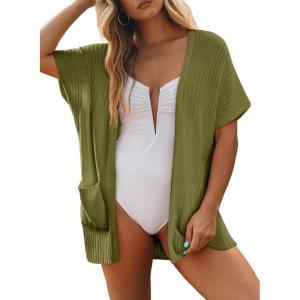 imageSHEWIN Womens Short Sleeve Summer Cardigan Sweaters Lightweight Open Front Pleated Cover Ups Beach Vacation Clothes for WomenB Guacamole Green