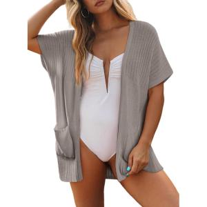 imageSHEWIN Womens Short Sleeve Summer Cardigan Sweaters Lightweight Open Front Pleated Cover Ups Beach Vacation Clothes for WomenB Light Grey