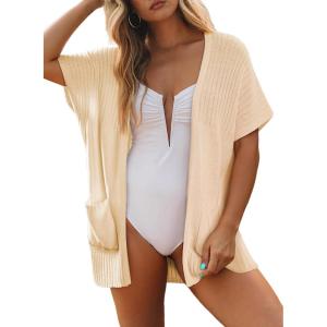 imageSHEWIN Womens Short Sleeve Summer Cardigan Sweaters Lightweight Open Front Pleated Cover Ups Beach Vacation Clothes for WomenB Oatmeal
