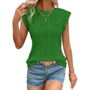 imageSHEWIN Womens Summer Tops Casual Crewneck Cap Sleeve Shirts Lightweight Crochet Knit Texture Tank Top BlousesDark Green