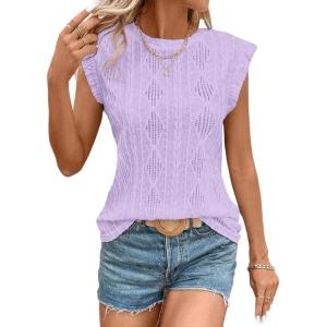 imageSHEWIN Womens Summer Tops Casual Crewneck Cap Sleeve Shirts Lightweight Crochet Knit Texture Tank Top BlousesPurple