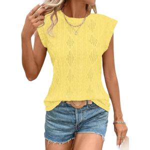 imageSHEWIN Womens Summer Tops Casual Crewneck Cap Sleeve Shirts Lightweight Crochet Knit Texture Tank Top BlousesYellow