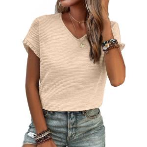 imageSHEWIN Womens Summer Tops Crewneck Short Sleeve T Shirts Casual Textured Work Shirt Loose BlousesV Apricot