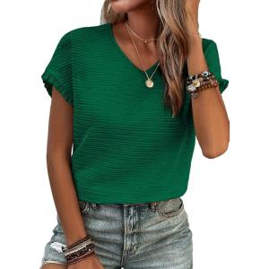 imageSHEWIN Womens Summer Tops Crewneck Short Sleeve T Shirts Casual Textured Work Shirt Loose BlousesV Green
