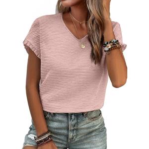 imageSHEWIN Womens Summer Tops Crewneck Short Sleeve T Shirts Casual Textured Work Shirt Loose BlousesV Pink
