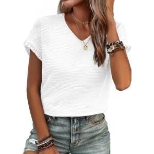 imageSHEWIN Womens Summer Tops Crewneck Short Sleeve T Shirts Casual Textured Work Shirt Loose BlousesV White