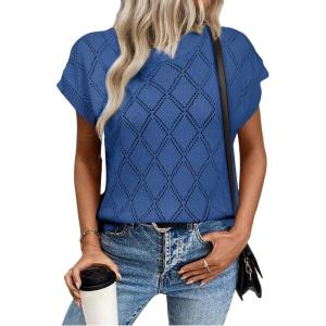 imageSHEWIN Womens Tops Crewneck Cable Knit Short Sleeve Sweater Loose Lightweight Blouses Dressy Casual Pullover Sweaters TopDark Blue