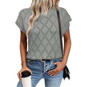 imageSHEWIN Womens Tops Crewneck Cable Knit Short Sleeve Sweater Loose Lightweight Blouses Dressy Casual Pullover Sweaters TopGray