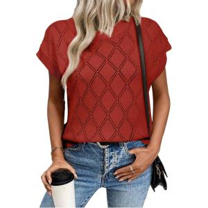 imageSHEWIN Womens Tops Crewneck Cable Knit Short Sleeve Sweater Loose Lightweight Blouses Dressy Casual Pullover Sweaters TopRacing Red