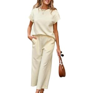 imageSHEWIN Womens Two Piece Fall Outfits Sweatsuits Casual Pullover Tops and Wide Leg Sweatpant Lounge SetsBeige