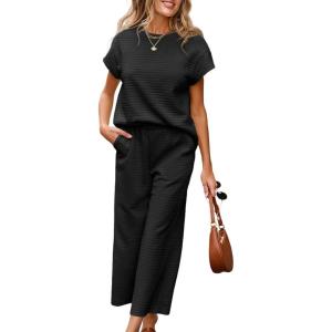 imageSHEWIN Womens Two Piece Fall Outfits Sweatsuits Casual Pullover Tops and Wide Leg Sweatpant Lounge SetsBlack