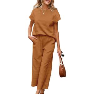 imageSHEWIN Womens Two Piece Fall Outfits Sweatsuits Casual Pullover Tops and Wide Leg Sweatpant Lounge SetsBuckskin