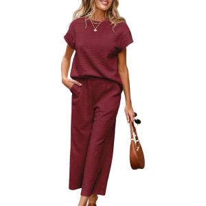 imageSHEWIN Womens Two Piece Fall Outfits Sweatsuits Casual Pullover Tops and Wide Leg Sweatpant Lounge SetsBurgundy