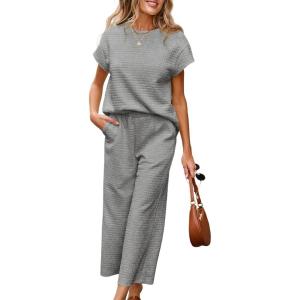 imageSHEWIN Womens Two Piece Fall Outfits Sweatsuits Casual Pullover Tops and Wide Leg Sweatpant Lounge SetsGray