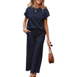 imageSHEWIN Womens Two Piece Fall Outfits Sweatsuits Casual Pullover Tops and Wide Leg Sweatpant Lounge SetsNavy Blue