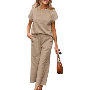 imageSHEWIN Womens Two Piece Fall Outfits Sweatsuits Casual Pullover Tops and Wide Leg Sweatpant Lounge SetsParchment