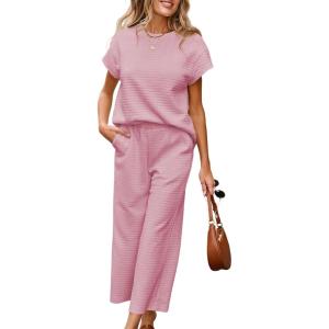 imageSHEWIN Womens Two Piece Fall Outfits Sweatsuits Casual Pullover Tops and Wide Leg Sweatpant Lounge SetsPink