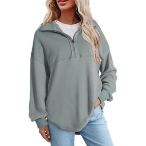 imageSHEWIN Womens Fall Sweatshirt Casual Waffle Knit Half Zip Pullover Loose Long Sleeve TopsLight Blue