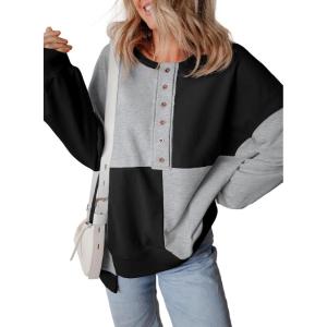 imageSHEWIN Womens Oversized Color Block Sweatshirts Casual Loose Button Henley Pullover TopsBlack