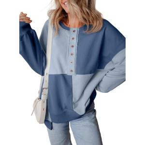 imageSHEWIN Womens Oversized Color Block Sweatshirts Casual Loose Button Henley Pullover TopsDark Blue