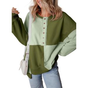 imageSHEWIN Womens Oversized Color Block Sweatshirts Casual Loose Button Henley Pullover TopsGreen