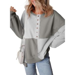 imageSHEWIN Womens Oversized Color Block Sweatshirts Casual Loose Button Henley Pullover TopsGrey