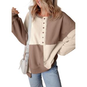 imageSHEWIN Womens Oversized Color Block Sweatshirts Casual Loose Button Henley Pullover TopsKhaki