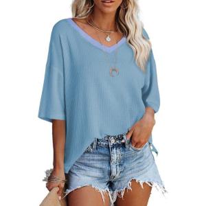 imageSHEWIN Womens Casual V Neck Waffle Knit Tunic Tops Batwing Short Sleeve Shirts Loose BlousesB Blue