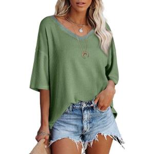 imageSHEWIN Womens Casual V Neck Waffle Knit Tunic Tops Batwing Short Sleeve Shirts Loose BlousesB Green