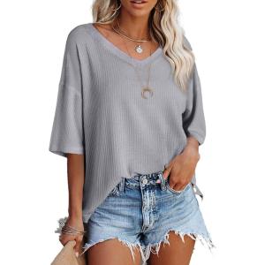 imageSHEWIN Womens Casual V Neck Waffle Knit Tunic Tops Batwing Short Sleeve Shirts Loose BlousesB Grey