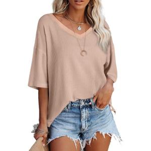 imageSHEWIN Womens Casual V Neck Waffle Knit Tunic Tops Batwing Short Sleeve Shirts Loose BlousesB Khaki