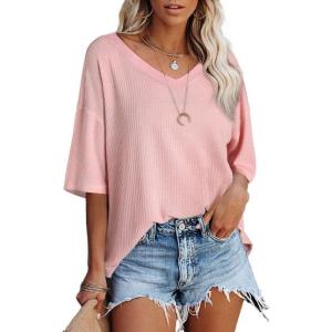 imageSHEWIN Womens Casual V Neck Waffle Knit Tunic Tops Batwing Short Sleeve Shirts Loose BlousesB Pink