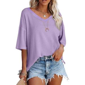 imageSHEWIN Womens Casual V Neck Waffle Knit Tunic Tops Batwing Short Sleeve Shirts Loose BlousesB Purple
