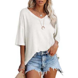 imageSHEWIN Womens Casual V Neck Waffle Knit Tunic Tops Batwing Short Sleeve Shirts Loose BlousesB White