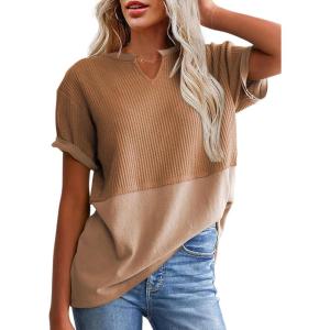 imageSHEWIN Womens Casual V Neck Waffle Knit Tops Short Sleeve T Shirts Loose BlousesB Dark Brown