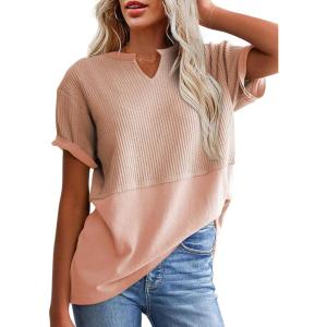 imageSHEWIN Womens Casual V Neck Waffle Knit Tops Short Sleeve T Shirts Loose BlousesB Light Pink