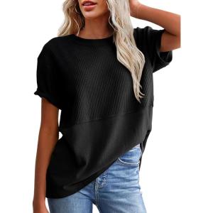 imageSHEWIN Womens Casual V Neck Waffle Knit Tops Short Sleeve T Shirts Loose BlousesD Black